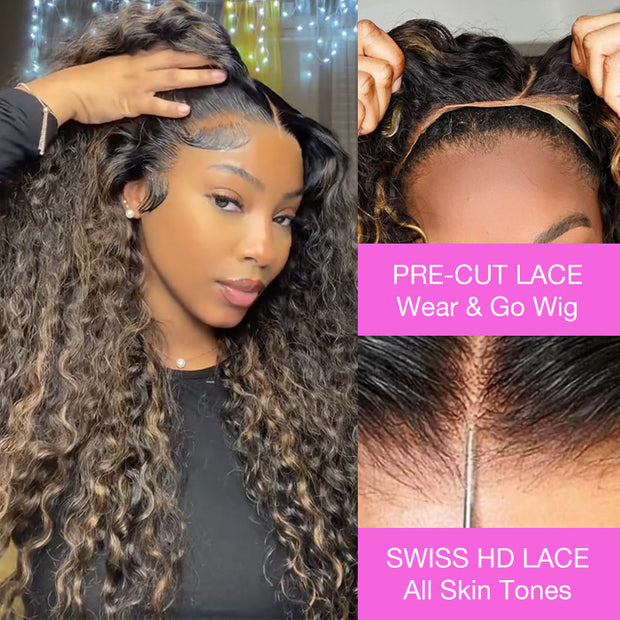 Balayage Highlights Water Wave Put on and Go 8x5 HD Lace Closure Wig No Glue Need M1b/27 Colored Wig