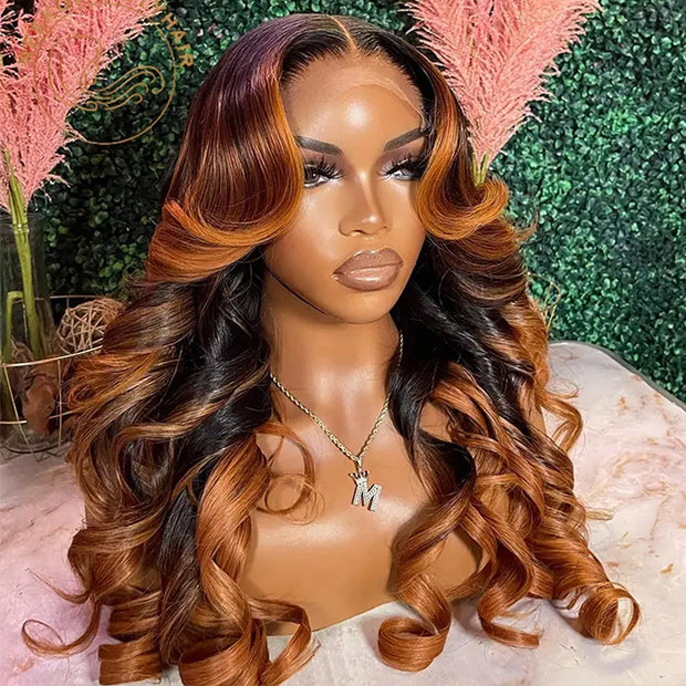 Ombre Brown Colored 13x6 Transparent Lace Frontal Wig Pre-Plucked Highlight Lace Front Human Hair Wigs For Women