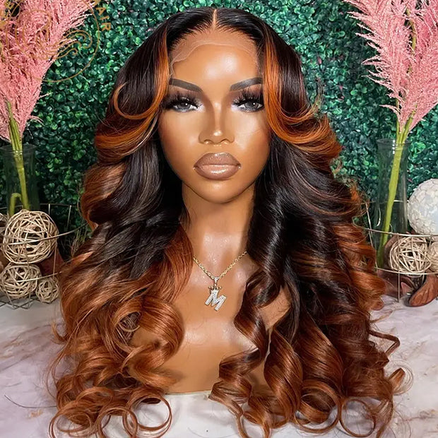 Ombre Brown Colored 13x6 Transparent Lace Frontal Wig Pre-Plucked Highlight Lace Front Human Hair Wigs For Women