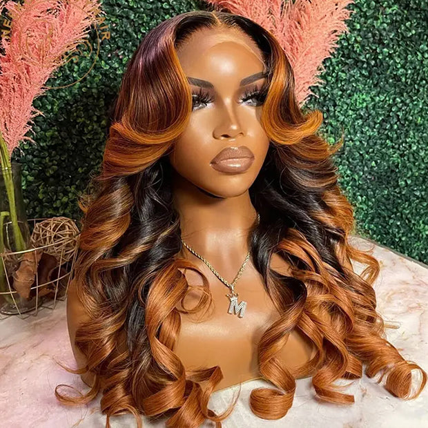 Ombre Brown Colored 13x6 Transparent Lace Frontal Wig Pre-Plucked Highlight Lace Front Human Hair Wigs For Women