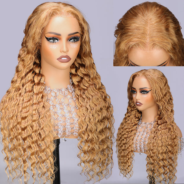 #27 Honey Blonde Deep Wave HD Lace Front Human Hair Wig with Pre Plucked