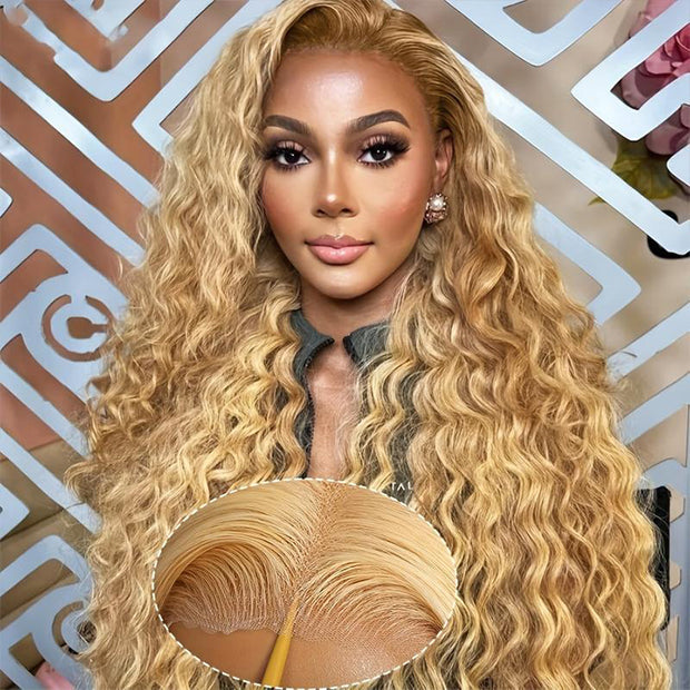 Glueless Deep Wave 13x6 Full Lace Frontal Wigs #27 Honey Blonde HD Glueless Human Hair Wigs Pre-Plucked