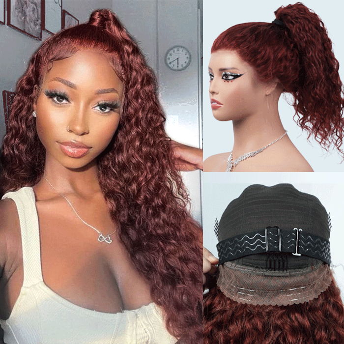 #33 Reddish Brown Water Wave Invisi-Pull String Snug Fit 360 HD Lace Frontal Pre-Cut & Pre-Plucked Glueless Wig