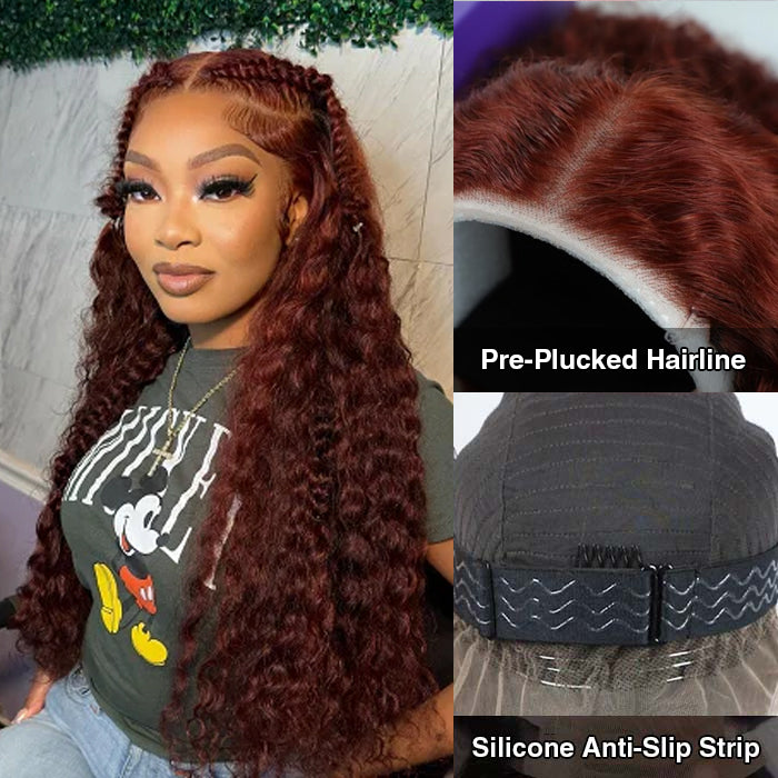 #33 Reddish Brown Water Wave Invisi-Pull String Snug Fit 360 HD Lace Frontal Pre-Cut & Pre-Plucked Glueless Wig