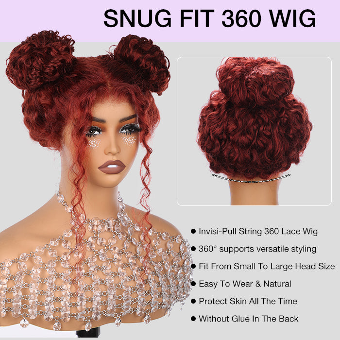 #33 Reddish Brown Water Wave Invisi-Pull String Snug Fit 360 HD Lace Frontal Pre-Cut & Pre-Plucked Glueless Wig