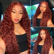 #33 Reddish Brown Water Wave Invisi-Pull String Snug Fit 360 HD Lace Frontal Pre-Cut & Pre-Plucked Glueless Wig