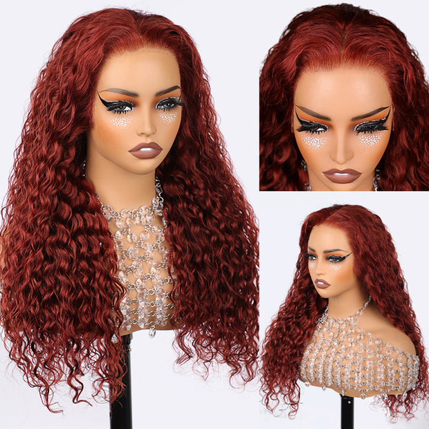 #33 Reddish Brown Water Wave Invisi-Pull String Snug Fit 360 HD Lace Frontal Pre-Cut & Pre-Plucked Glueless Wig