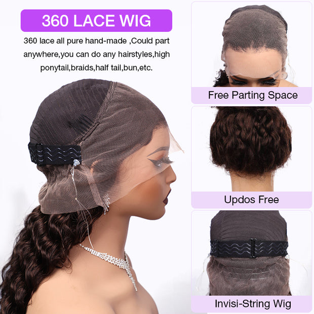 Glueless Invisi-String Snug Fit 360 HD Lace Frontal #4 Chocolate Brown Deep Wave Put on & Go Wigs