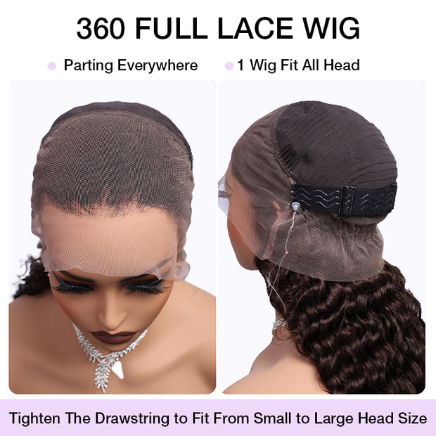 Glueless Invisi-String Snug Fit 360 HD Lace Frontal #4 Chocolate Brown Deep Wave Put on & Go Wigs