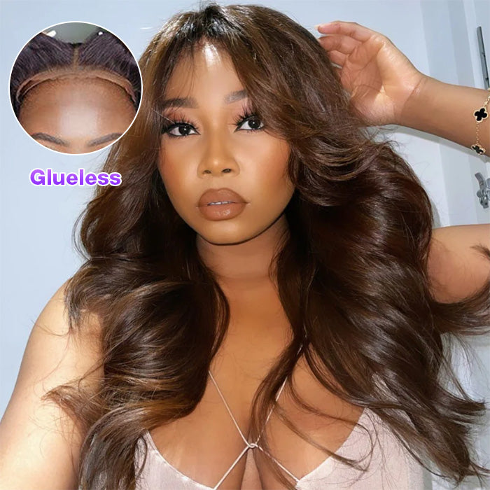 Chocolate Brown #4 Curtain Bangs 13x4 HD Lace Front Body Wave Glueless Human Hair Wigs