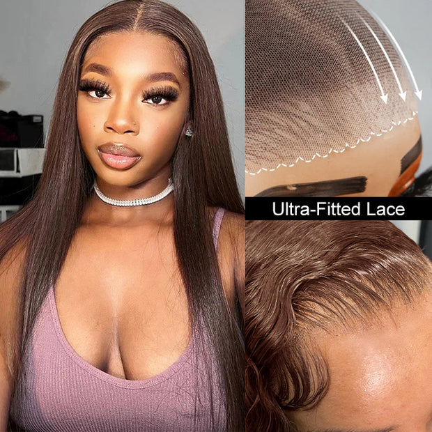 Chocolate Brown Color Put on go® Glueless Wig Pre Cut 8x5 HD Lace Human Hair Wigs For Women