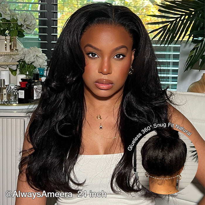 Kinky Straight Invisible-String Snug Fit 360 Full Lace Pre Plucked & Bleached HD Lace Glueless Wigs