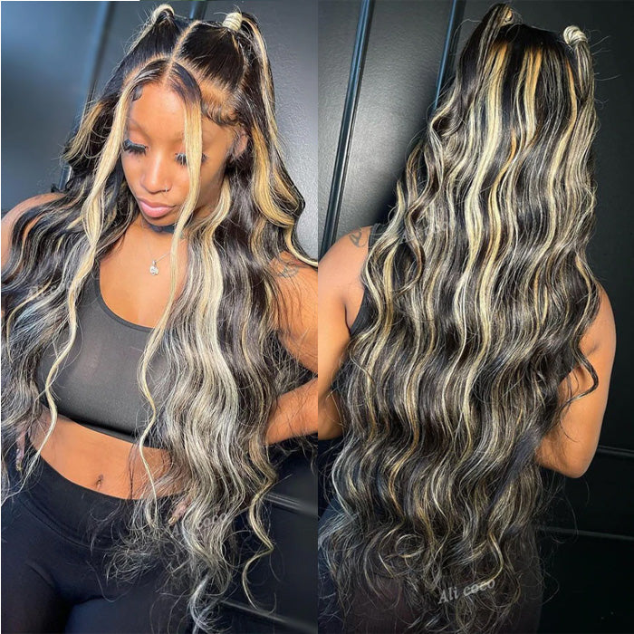 FF1B/27 Balayage Highlight 13x6 Full Lace Frontal Human Hair Pre Plucked Natural Hairline Glusless Wigs