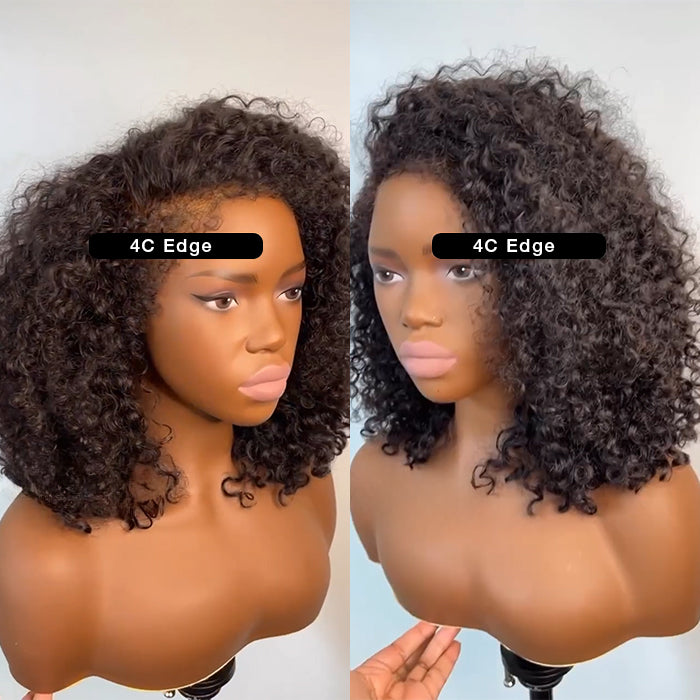 4C Edges Lace Front Bob Wig Glueless Curly Human Hair Wig with Pre Plucked Hairline