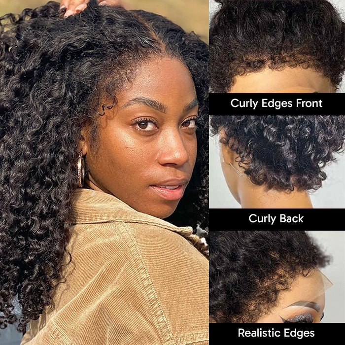 4C Curly Edges Invisi-String Snug Fit 360 Curly Lace Front Human Hair Wig Pre Bleached Knots with Curly Baby Hair All Around