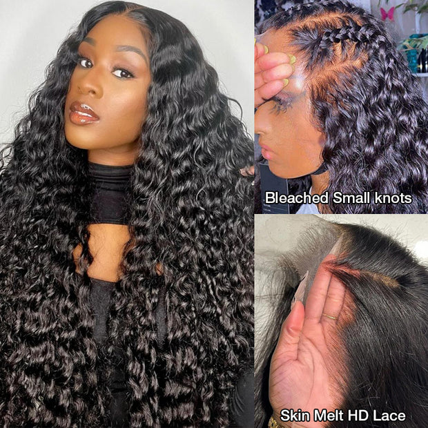 Deep Wave 5x5 HD Transparent Lace Closure Wigs Glueless Human Hair Wig With Bleached Knots