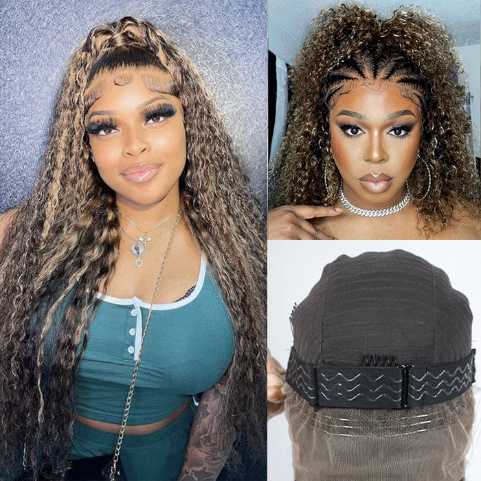 Blonde Highlight Curly Wigs Invisi-String Snug Fit 360 HD Lace Frontal Glueless Wigs