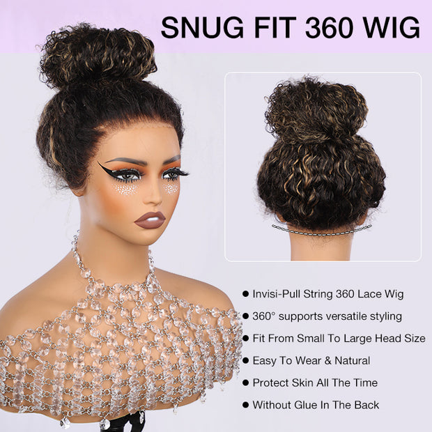 Blonde Highlight Curly Wigs Invisi-String Snug Fit 360 HD Lace Frontal Virgin Human Hair Wig For Women