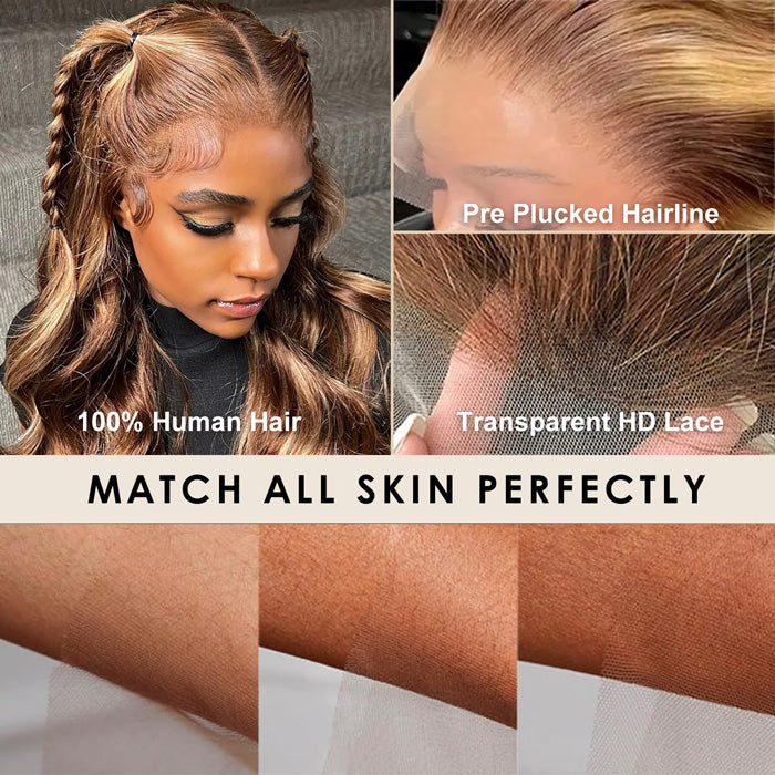 4/27 Honey Blonde Highlight 5x5 HD Transparent Lace Closure Human Hair Wigs