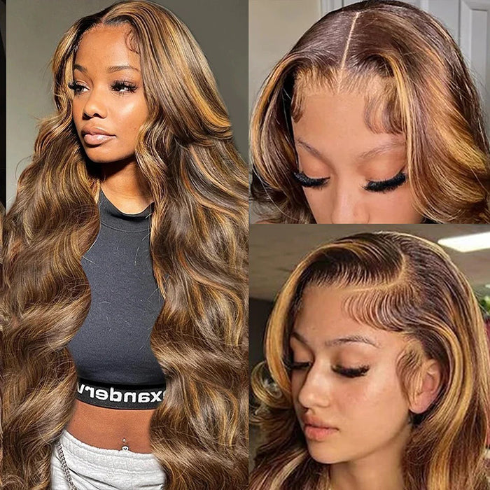 4/27 Honey Blonde Highlight 5x5 HD Transparent Lace Closure Human Hair Wigs