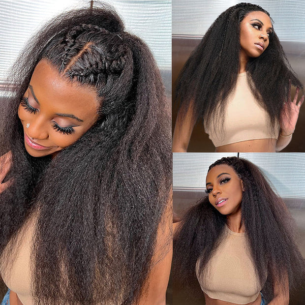 Kinky Straight Human Hair 13x6 Glueless Undetectable HD Lace Front Wigs For Women Pre Bleached and Pre Plucked Hairline