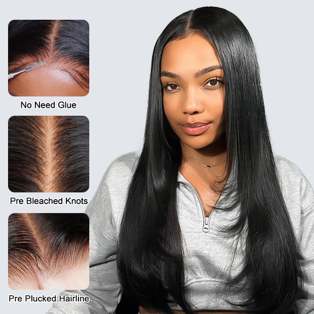 Pre-Cut 13x4 Lace Front Straight Layered Wig 100% Human Hair Glueless Wig Pre Bleached Knots Pre Plucked Hairline