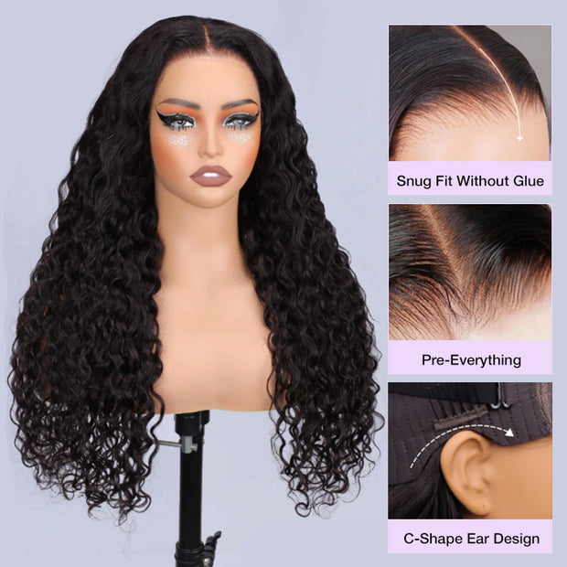 Glueless Wig Human Hair HD Lace Closure Wigs Pre Bleached Water Wave Wig 8x5 Big Parting Space