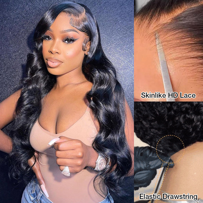 Glueless Body Wave 13x6 Full Frontal HD Lace C Part Wigs With Invisi Drawstring