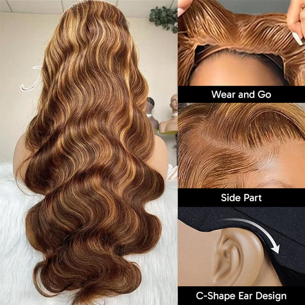 C-Shape Ear Design Body Wave 4/27 Highlight Color Glueless 8x5 HD Lace Wigs With Pre-Plucked Hairline