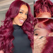 C-Shape Ear Design Body Wave Wig 99J Burgundy Color Glueless 8x5 HD Lace Wigs With Pre-Plucked Hairline