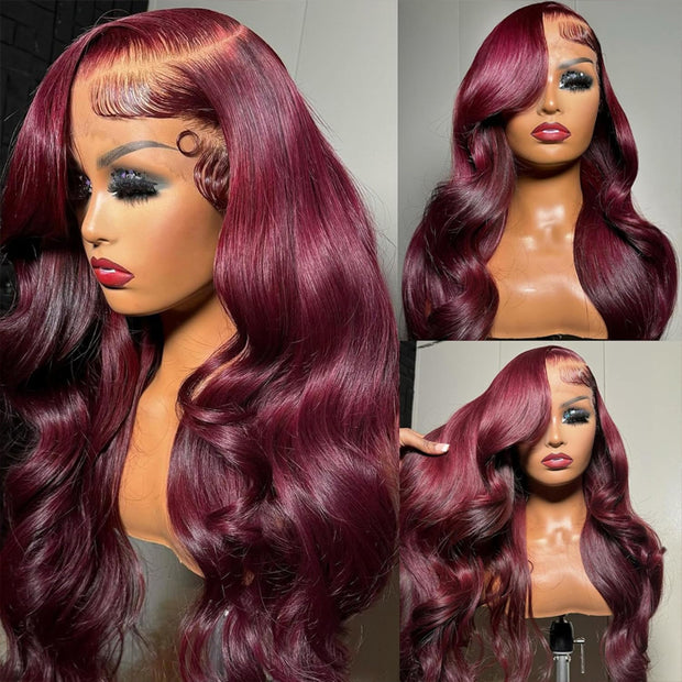 C-Shape Ear Design Body Wave Wig 99J Burgundy Color Glueless 8x5 HD Lace Wigs With Pre-Plucked Hairline