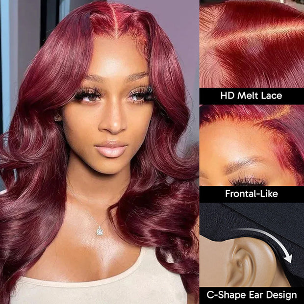 C-Shape Ear Design Body Wave Wig 99J Burgundy Color Glueless 8x5 HD Lace Wigs With Pre-Plucked Hairline