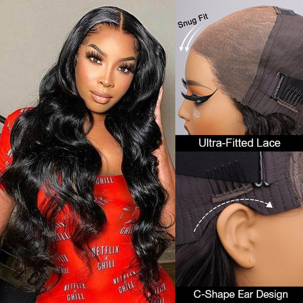 Put on go® Glueless Body Wave Pre Cut 8x5 HD Lace Closure Wig Invisible Knots Realistic Hairline Large & Small Cap Size