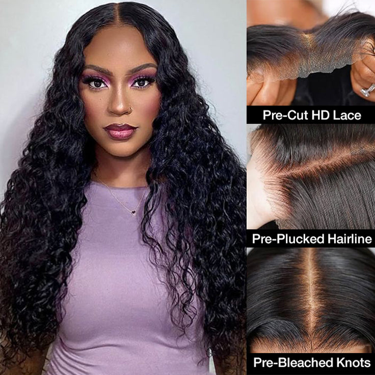 Glueless Water Wave 4x4 HD Invisible Lace Closure Wigs Pre Plucked & Pre Bleached Human Hair Wigs