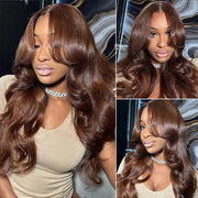 Chocolate Brown #4 Curtain Bangs 13x4 HD Lace Front Body Wave Glueless Human Hair Wigs