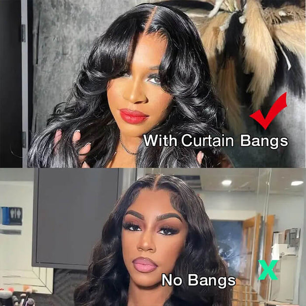 13x6 Full Lace Frontal Pre-Styled Loose Body Wave Wigs With Curtain Bangs Human Hair Pre Bleached Brailian Wigs For Women