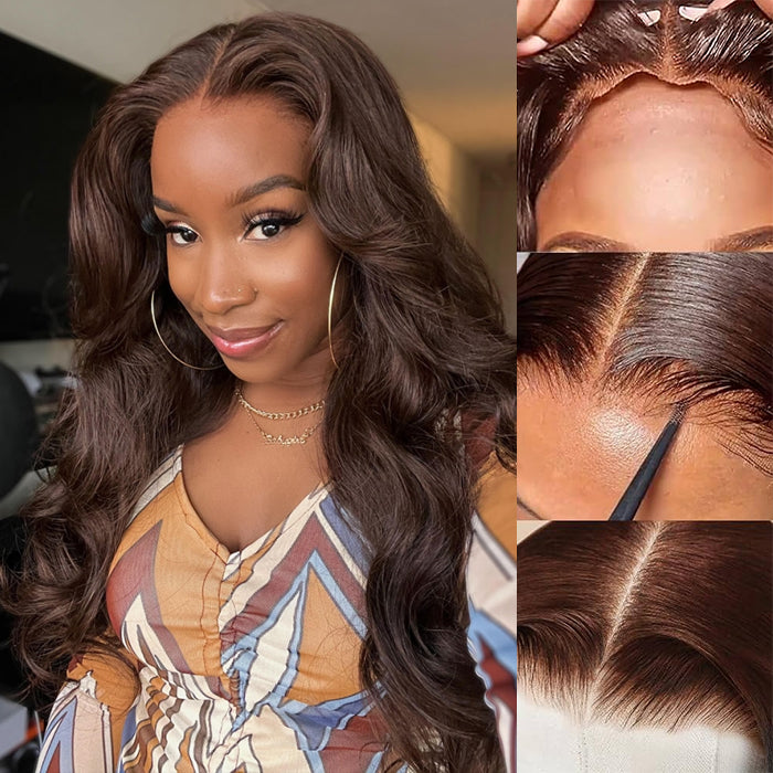 Chocolate Brown #4 Curtain Bangs 13x4 HD Lace Front Body Wave Glueless Human Hair Wigs