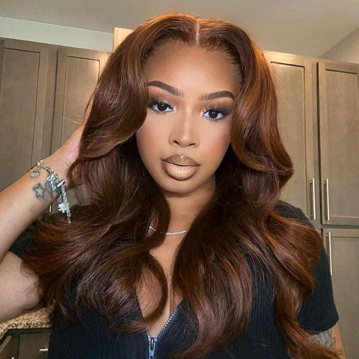 Chocolate Brown #4 Curtain Bangs 13x4 HD Lace Front Body Wave Glueless Human Hair Wigs