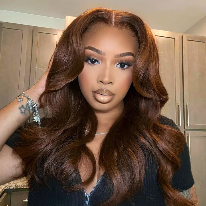 Chocolate Brown #4 Curtain Bangs 13x4 HD Lace Front Body Wave Glueless Human Hair Wigs