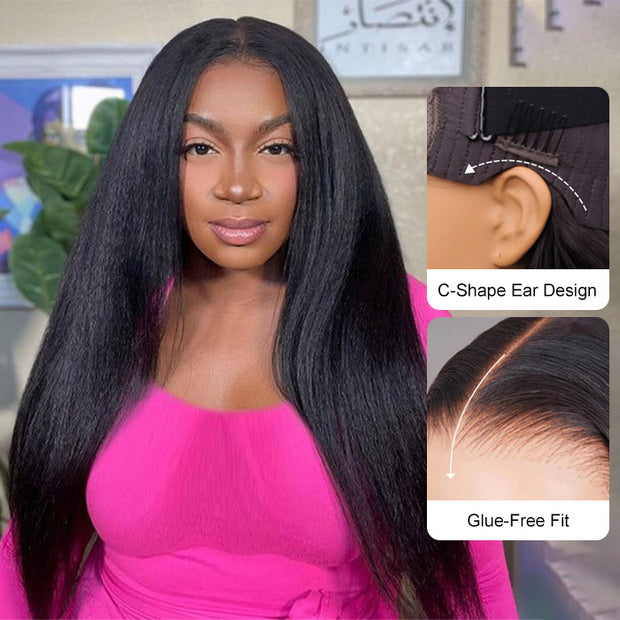 Glueless Yaki Straight Wig 8x5 Pre-Cut Lace Closure Human Hair Wigs With Pre Plucked Hairline