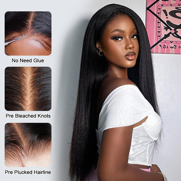 Glueless Yaki Straight Wig 8x5 Pre-Cut Lace Closure Human Hair Wigs With Pre Plucked Hairline