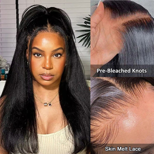 Glueless Yaki Straight Wig 8x5 Pre-Cut Lace Closure Human Hair Wigs With Pre Plucked Hairline