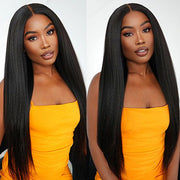 Glueless Yaki Straight Wig 8x5 Pre-Cut Lace Closure Human Hair Wigs With Pre Plucked Hairline