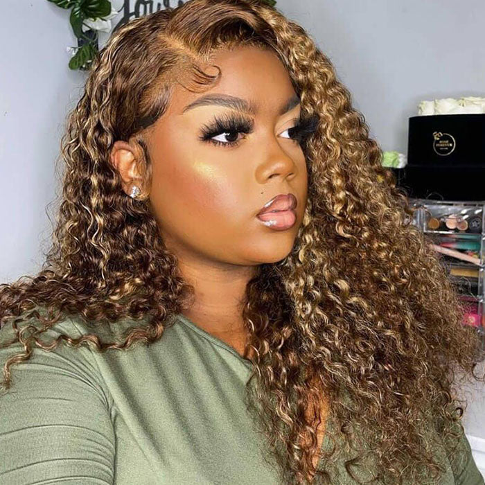 Highlighted Deep Wave Wig #4/27 Ombre Colored Wig Brown Wig With Blonde Highlighted Lace Front Human Hair Wigs