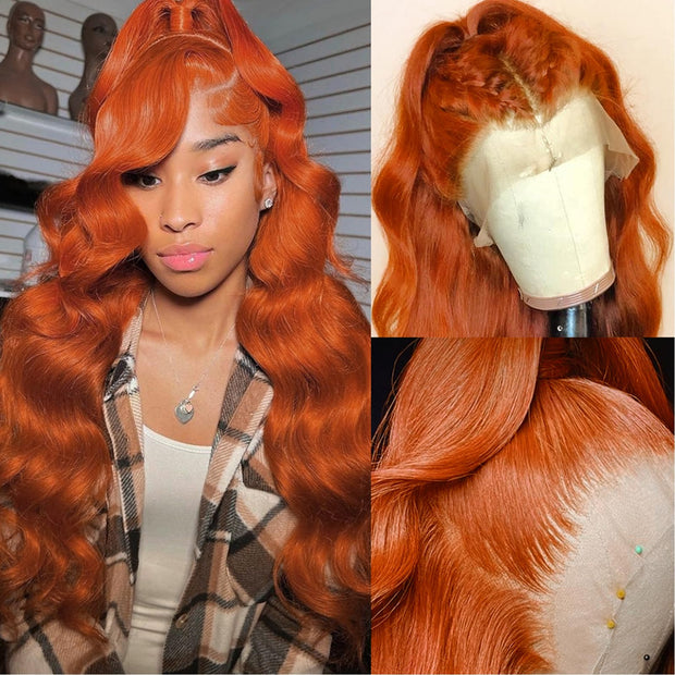 Ginger Orange Colored Invisible-Pull String 360 Lace Frontal Wigs Glueless HD Lace Human Hair Wigs