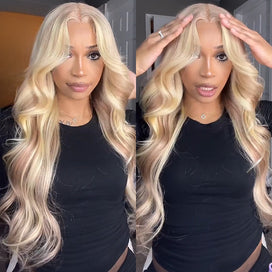 Blonde Highlight Curtain Bangs Body Wave Wigs 13x6 HD Lace Frontal Layered Human Hair Wigs