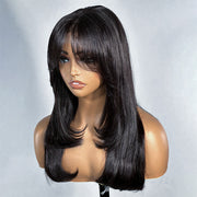 Layered Straight Curtain Bang Wig Ready Go Glueless 13x4 Lace Wig With Pre Bleached& Pre Cut