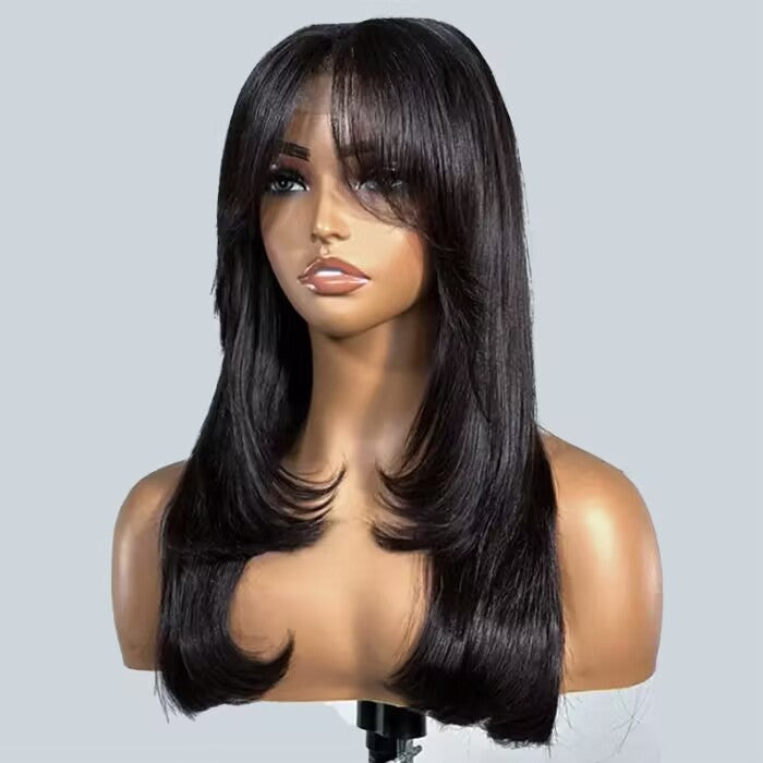 Layered Straight Curtain Bang Wig Ready Go Glueless 13x4 Lace Wig With Pre Bleached& Pre Cut