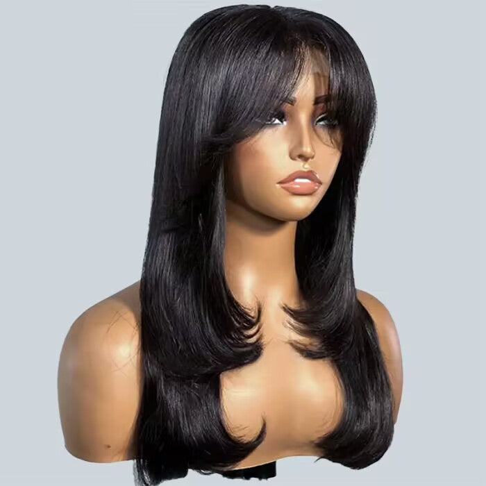 Layered Straight Curtain Bang Wig Ready Go Glueless 13x4 Lace Wig With Pre Bleached& Pre Cut