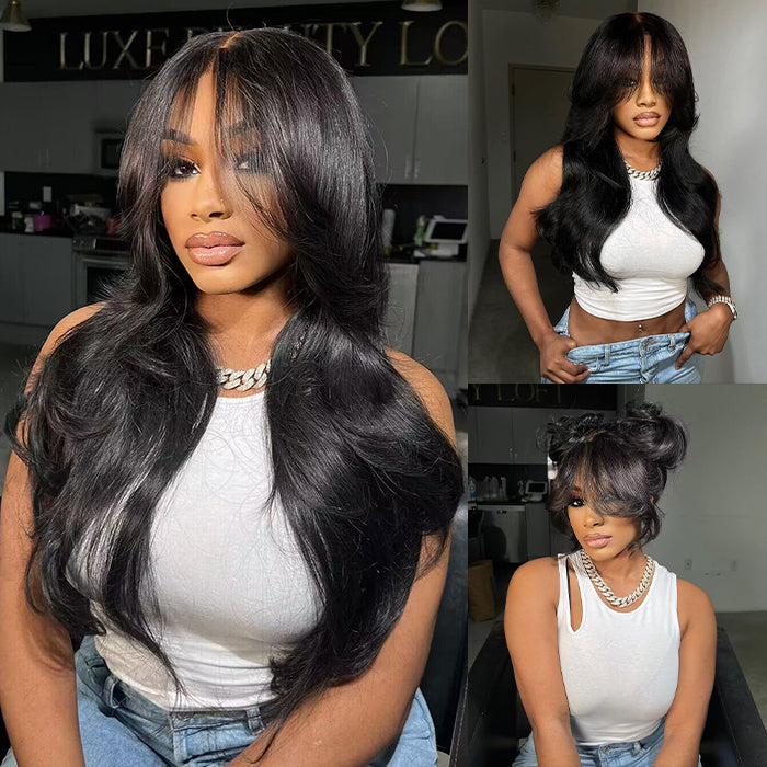 Layered Straight Curtain Bang Wig Ready Go Glueless 13x4 Lace Wig With Pre Bleached& Pre Cut